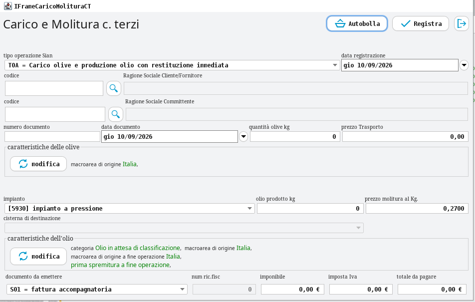 Carico e Molitura conto Terzi